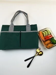1pc Contrast Binding Lunch Bag - Army Green - View 3