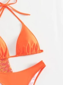 SHEIN Swim 夏季海灘三入組連頸三角比基尼套裝和地形圖印花和服泳衣 - 橘色 - 查看 5