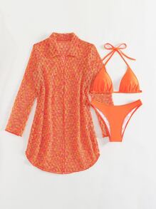 SHEIN Swim 夏季海灘三入組連頸三角比基尼套裝和地形圖印花和服泳衣 - 橘色 - 查看 6