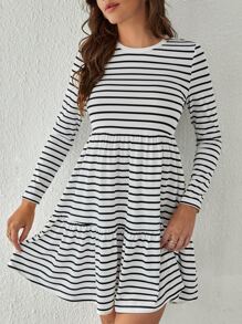SHEIN Tall Striped Print Ruffle Hem Dress - White - View 1