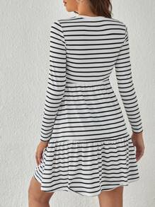 SHEIN Tall Striped Print Ruffle Hem Dress - White - View 2