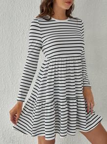 SHEIN Tall Striped Print Ruffle Hem Dress - White - View 3