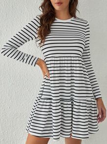 SHEIN Tall Striped Print Ruffle Hem Dress - White - View 4