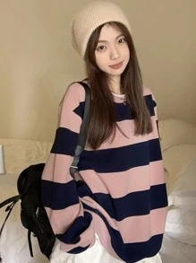 Pullover de rayas combinadas de hombros caídos - Rosa - Ver 1