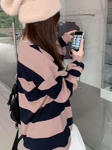 Pullover de rayas combinadas de hombros caídos - Rosa - Ver 2