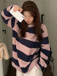 Pullover de rayas combinadas de hombros caídos - Rosa - Ver 3