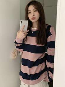 Pullover de rayas combinadas de hombros caídos - Rosa - Ver 4