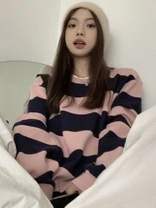 Pullover de rayas combinadas de hombros caídos - Rosa - Ver 5