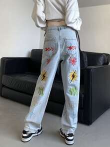 Jeans de pierna recta con estampado & con bordado de letra - Lavado ligero - Ver 2