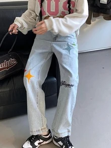 Jeans de pierna recta con estampado & con bordado de letra - Lavado ligero - Ver 3