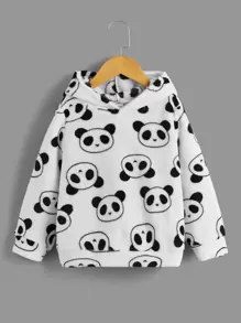 SHEIN 小男童熊貓印花落肩袖毛絨帽衫