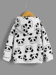 SHEIN 小男童熊貓印花落肩袖毛絨帽衫