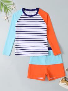 Tween Boy Striped Color Block Beach Swimsuit - Multicolor - View 1