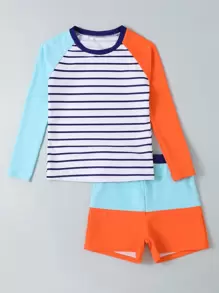 Tween Boy Striped Color Block Beach Swimsuit - Multicolor - View 3