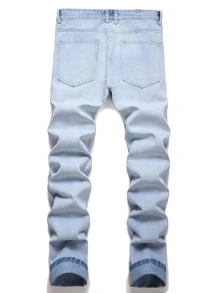 男士破洞修身直筒牛仔裤 - 淺色水洗藍 - 查看 2