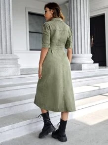 Flap Pocket Puff Sleeve Denim Dress - Army Green - View 2