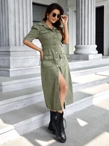 Flap Pocket Puff Sleeve Denim Dress - Army Green - View 3