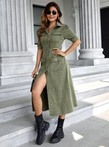 Flap Pocket Puff Sleeve Denim Dress - Army Green - View 5