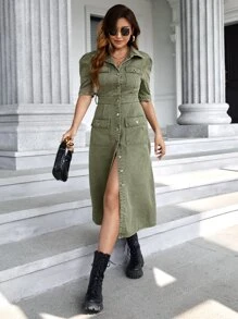 Flap Pocket Puff Sleeve Denim Dress - Army Green - View 6