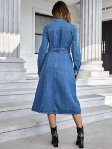 Flap Pocket Belted Denim Dress - Medium Wash - View 2