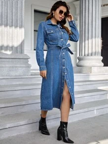 Flap Pocket Belted Denim Dress - Medium Wash - View 3