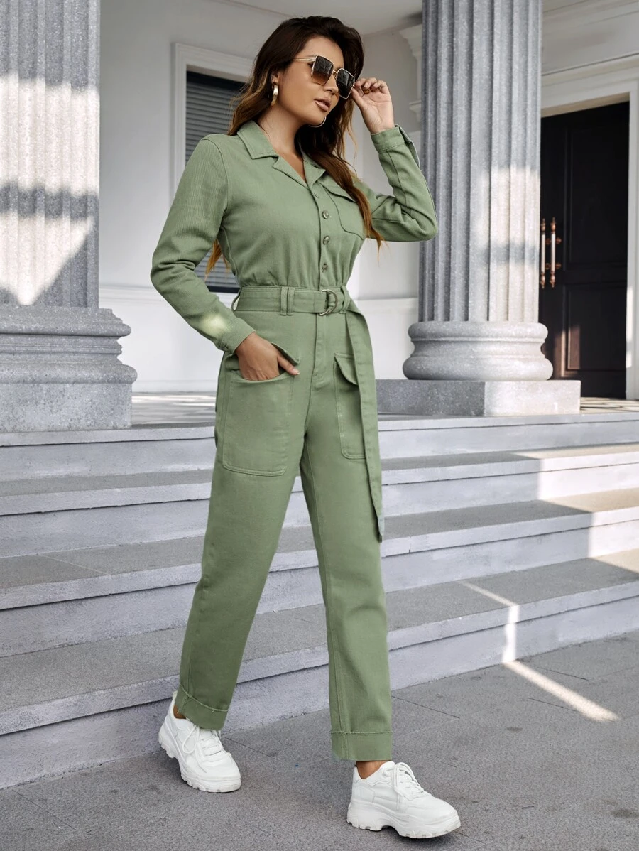 Flap Pocket Belted Denim Jumpsuit - Mint Green - View 1