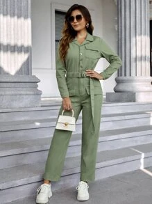 Flap Pocket Belted Denim Jumpsuit - Mint Green - View 4