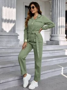Flap Pocket Belted Denim Jumpsuit - Mint Green - View 5