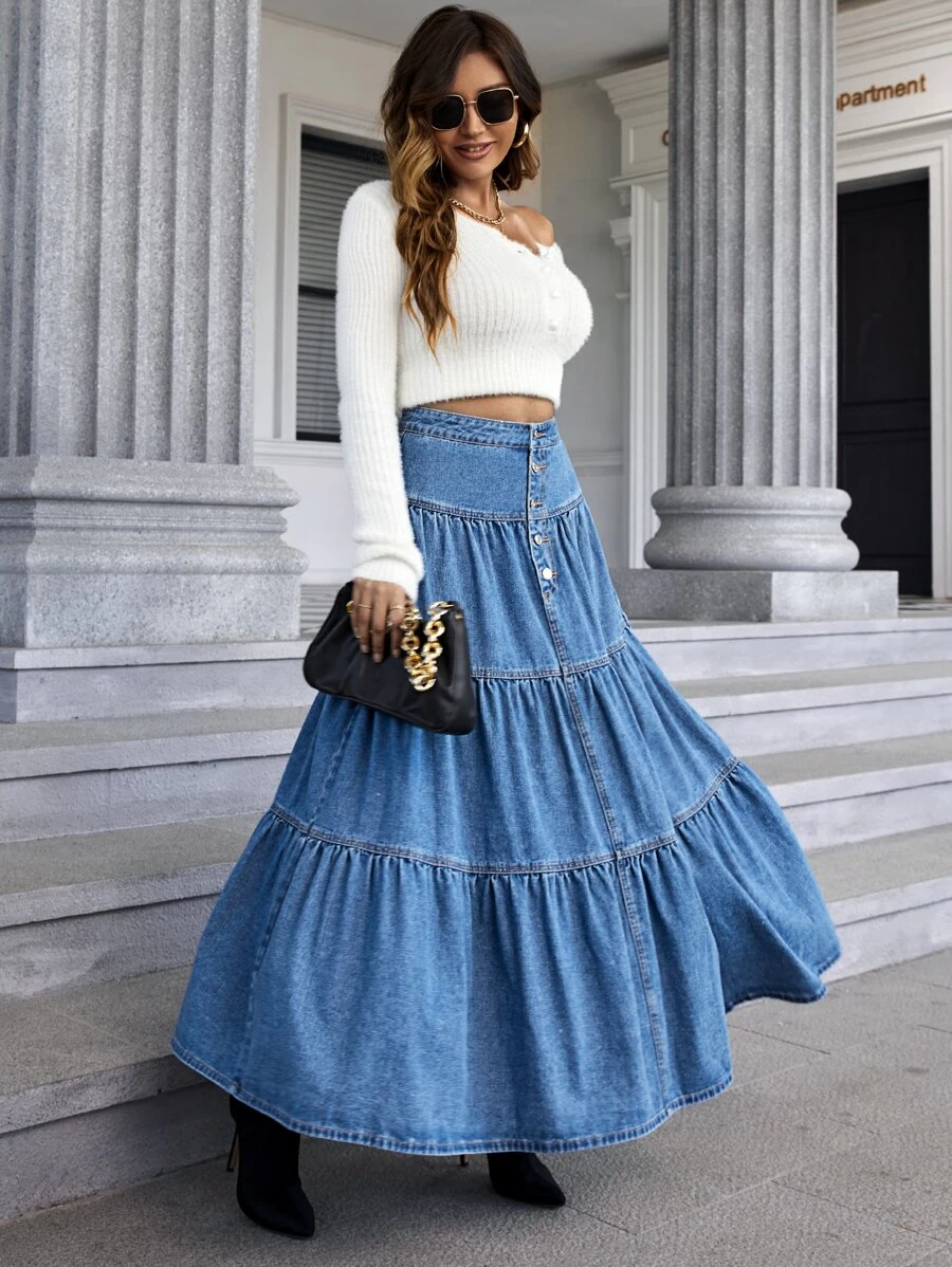 高腰多層下擺牛仔半身裙