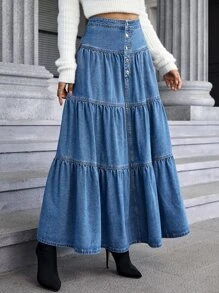 高腰多層下擺牛仔半身裙