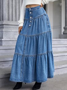 高腰多層下擺牛仔半身裙