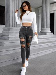 SHEIN Frenchy Ripped Cut Out Skinny Jeans - Dark Grey - View 1