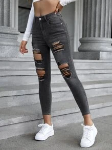 SHEIN Frenchy Ripped Cut Out Skinny Jeans - Dark Grey - View 5