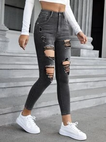SHEIN Frenchy Ripped Cut Out Skinny Jeans - Dark Grey - View 2