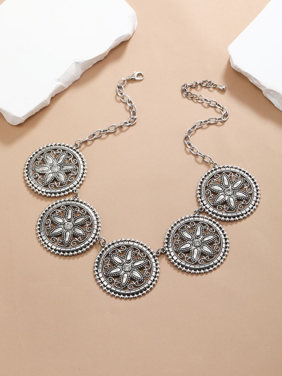 Flower Decor Necklace - Antique Silver - View 1