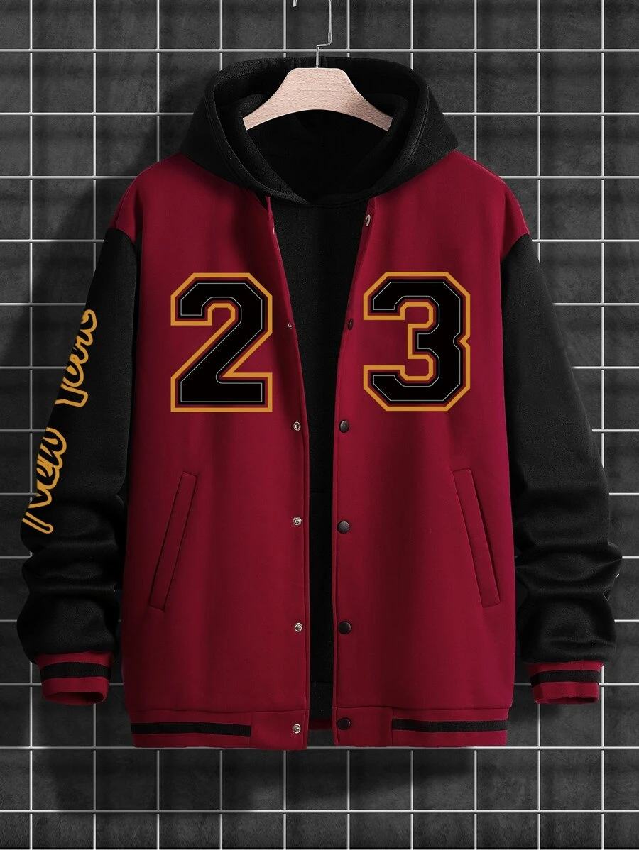 Aesthetic Post 男士字母圖形彩色拼接下垂超大號外套,無帽款 - 酒紅色 - 查看 1