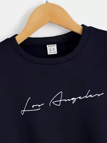 SHEIN Cậu bé Tween Đồ họa Chữ cái Áo pull ấm áp & Quần nỉ - Màu xanh hải quân - Xem 4