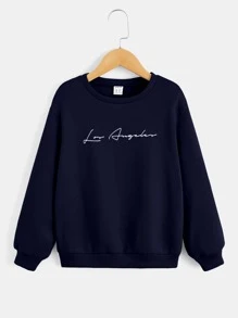 SHEIN Cậu bé Tween Đồ họa Chữ cái Áo pull ấm áp & Quần nỉ - Màu xanh hải quân - Xem 5