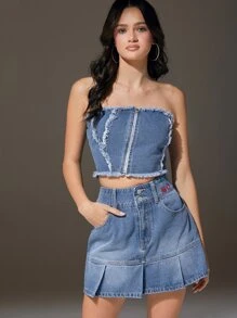 SHEIN Raw Trim Denim Tube Top & Skirt Set - Medium Wash - View 1