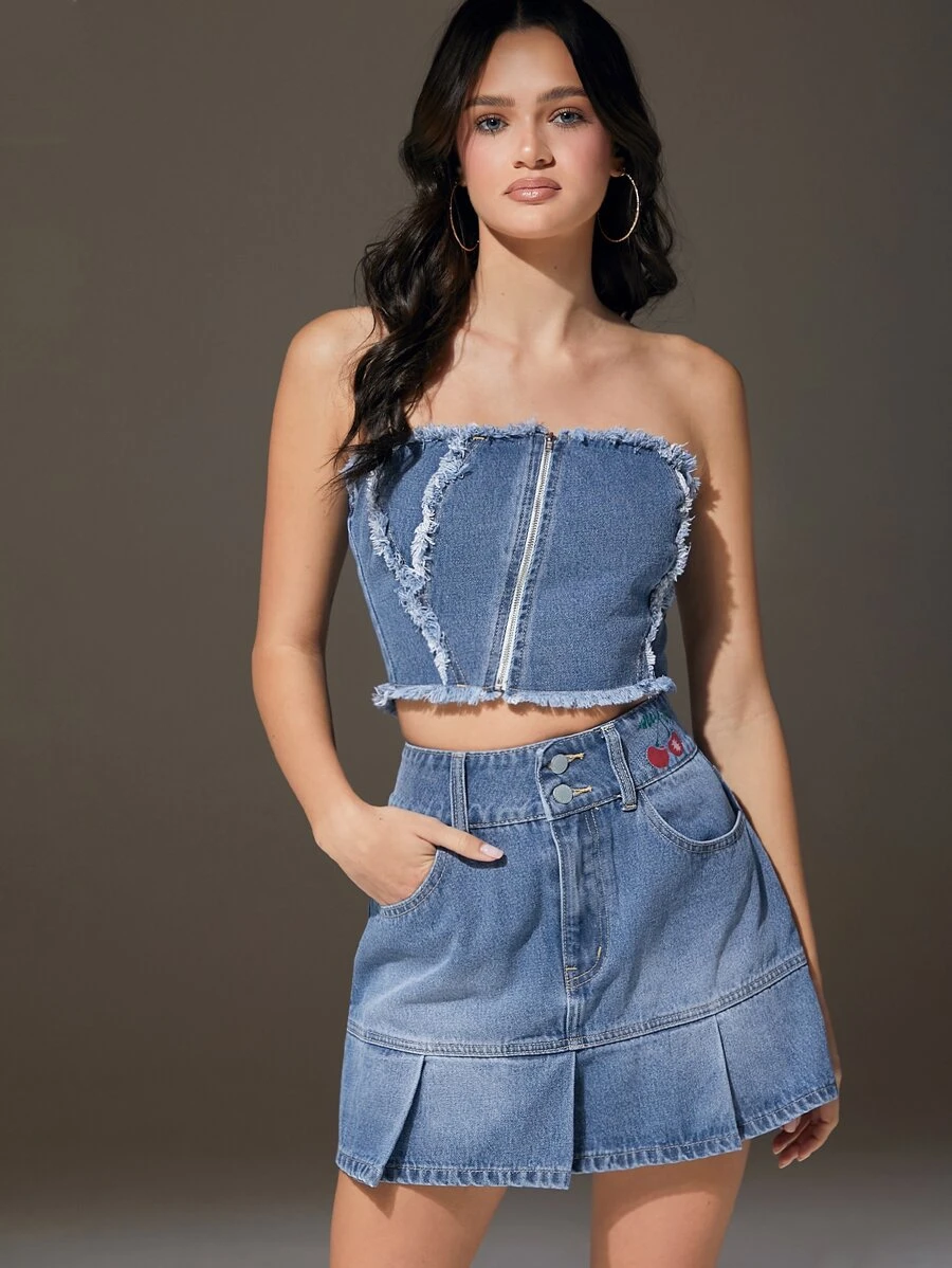SHEIN Raw Trim Denim Tube Top & Skirt Set - Medium Wash - View 1