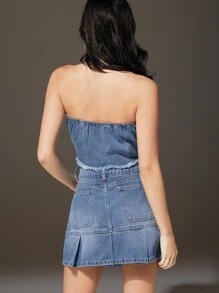 SHEIN Raw Trim Denim Tube Top & Skirt Set - Medium Wash - View 2