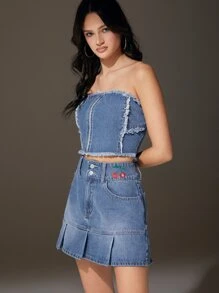 SHEIN Raw Trim Denim Tube Top & Skirt Set - Medium Wash - View 3