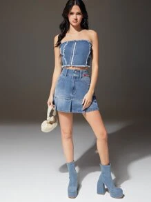 SHEIN Raw Trim Denim Tube Top & Skirt Set - Medium Wash - View 5