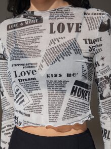 SHEIN ICON 報紙印花網紗上衣 - 黑與白 - 查看 4