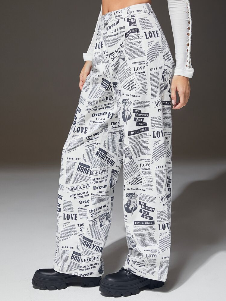 SHEIN Coolane Newspaper Print Wide Leg Pants | SHEIN USA