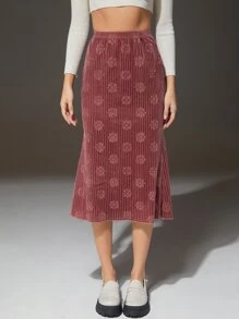 SHEIN EZwear 高腰花卉圖案提花絲絨半身裙 - 藕粉色 - 查看 1