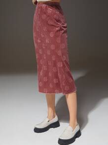 SHEIN EZwear 高腰花卉圖案提花絲絨半身裙 - 藕粉色 - 查看 3