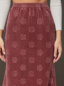 SHEIN EZwear 高腰花卉圖案提花絲絨半身裙 - 藕粉色 - 查看 4