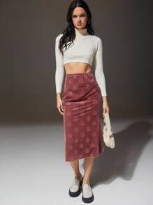 SHEIN EZwear 高腰花卉圖案提花絲絨半身裙 - 藕粉色 - 查看 5