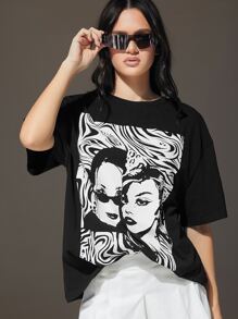 SHEIN EZwear Figure Graphic Drop Shoulder Tee - Black - View 1